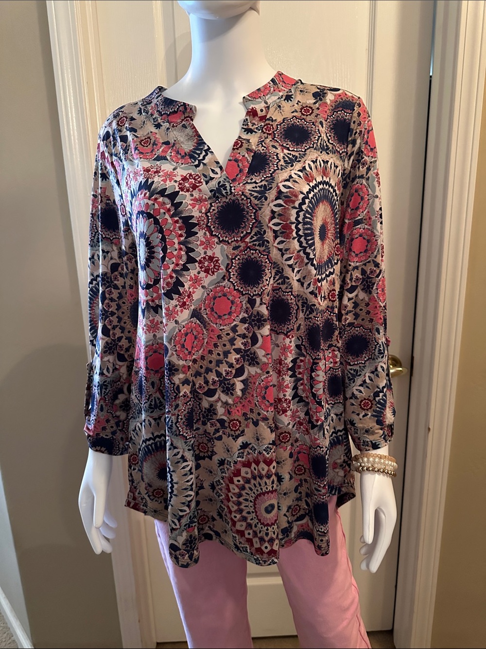 Boho Medallion Print V-Neck Blouse - Pink & Navy